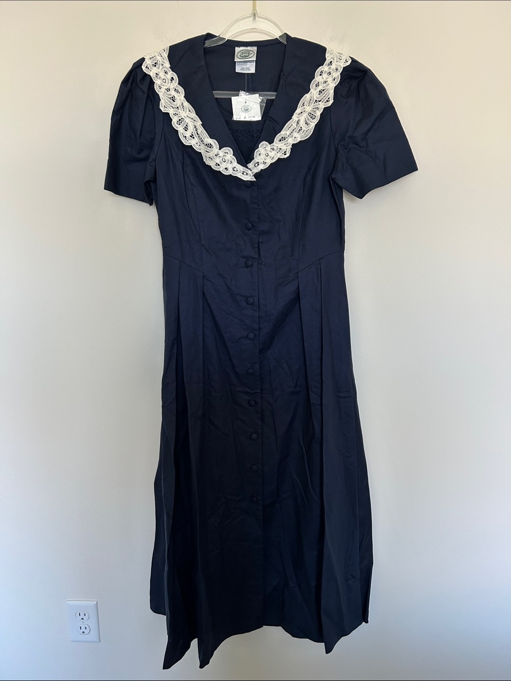 NWT Vintage Laura Ashley Cotton Linen Navy Dress Short Sleeves and Lace Collar 6